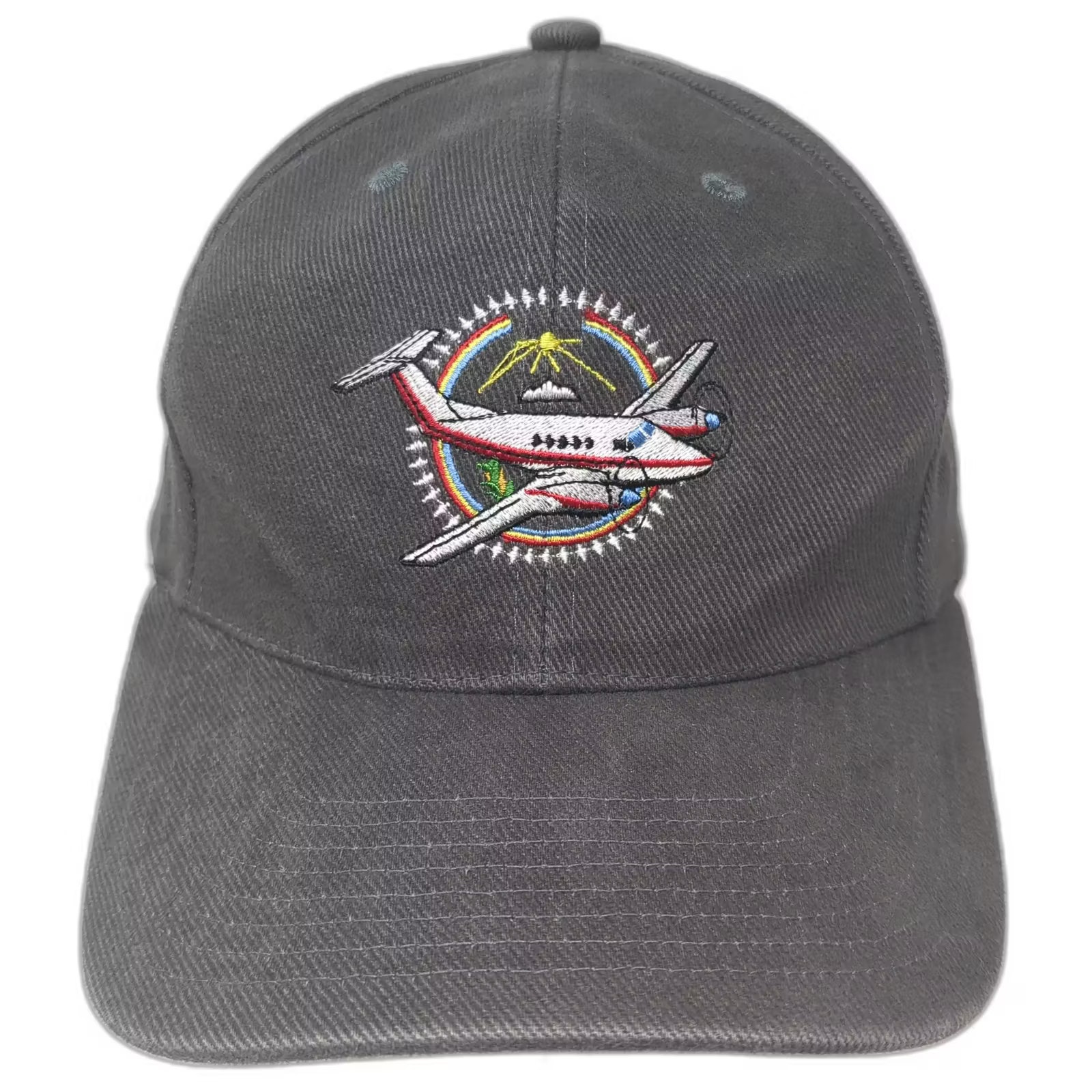 Brown Baseball Cap Hat Os Strapback Airplane Rainbow Embroidered Cotton Twill